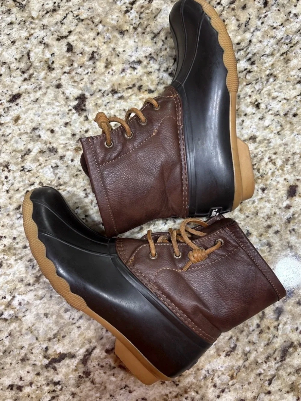Sperry Two-Tone Chocolate Brown and Tan Duck Boots. Girls size 3M